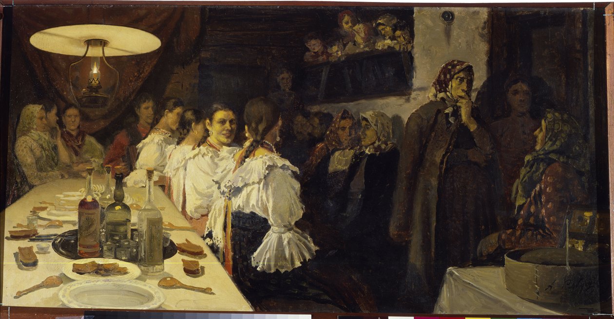 Oczekiwanie na powrót młodej pary z kościoła w obwodzie nowogrodzkim. Obraz Andrieja Pietrowicza Ryabuszkina (Riabutchkina) (1861-1904), olej na płótnie autorstwa Andrei Petrovich Ryabushkin