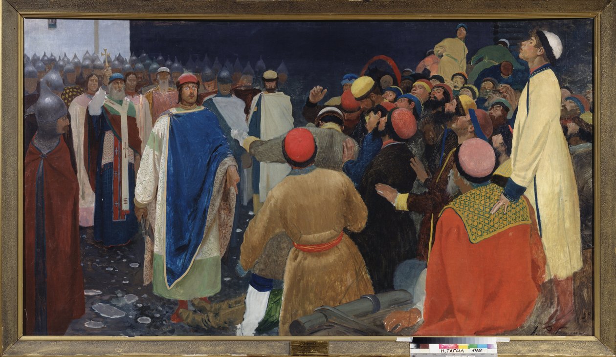 Książę Gleb Światosławic (zm. 1079) zabija wołchwe (słowiański magik wróżbity) w veche w Nowogrodzie. Obraz Andrieja Pietrowicza Ryabuszkina (Riabutchkina) (1861-1904), olej na płótnie autorstwa Andrei Petrovich Ryabushkin