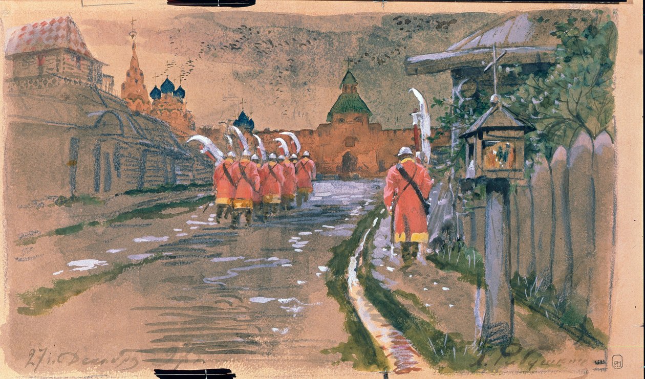 Patrol uliczny przy Bramie Iljinskiej w starej Moskwie. Praca Andrieja Pietrowicza Ryabuszkina (Riaboutchkine) (1861-1904), akwarela na papierze autorstwa Andrei Petrovich Ryabushkin