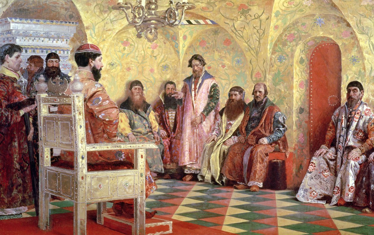 Car Michaił Fiodorowicz (1596-1645) z Bojarami siedzącymi w swoim pokoju, 1893 autorstwa Andrei Petrovich Ryabushkin