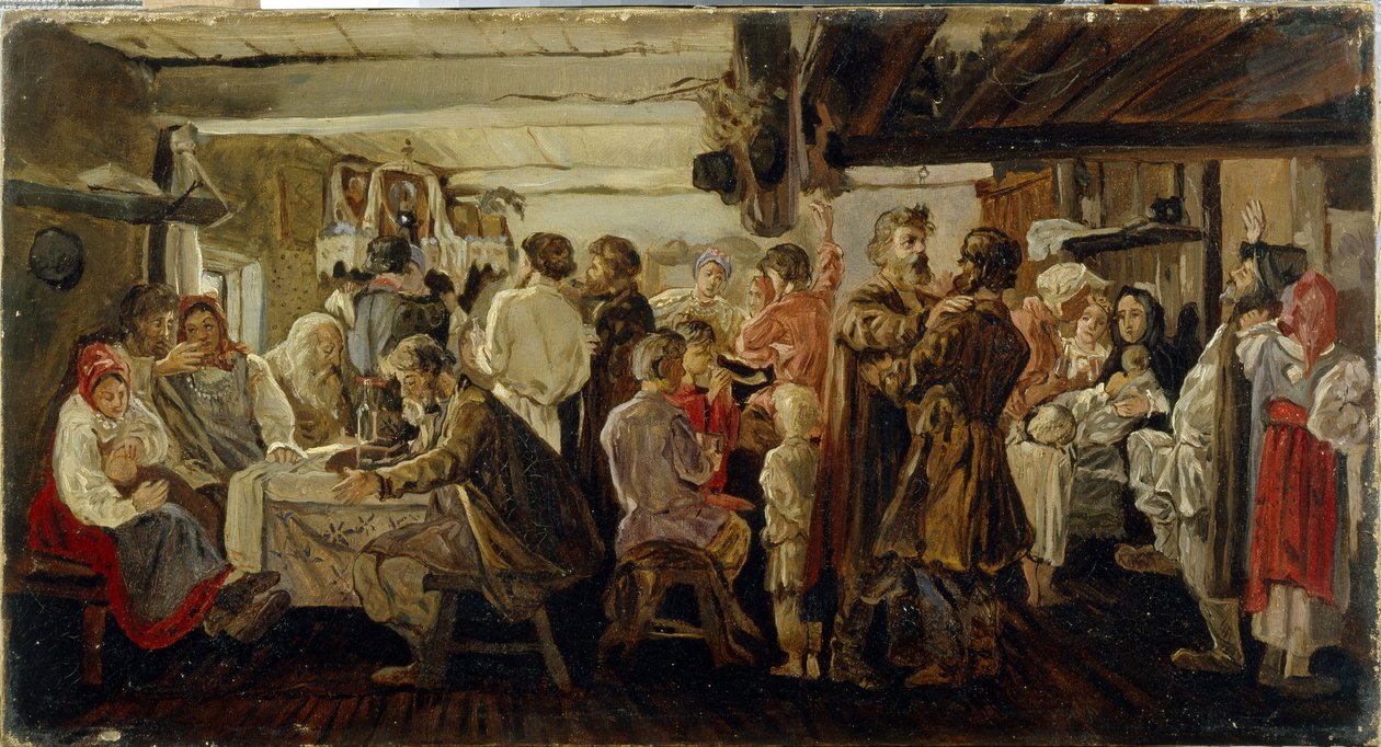 Ślub chłopski w rejonie Tambowa (Rosja). (Wesele chłopskie w rejonie Tambowa). Obraz Andrieja Pietrowicza Riabuszkina (Riaboutchkine) (1861-1904), olej na płótnie, ok. 1880 r. XIX-wieczna sztuka rosyjska. Państwowa Galeria Tretiakowska, Moskwa. autorstwa Andrei Petrovich Ryabushkin