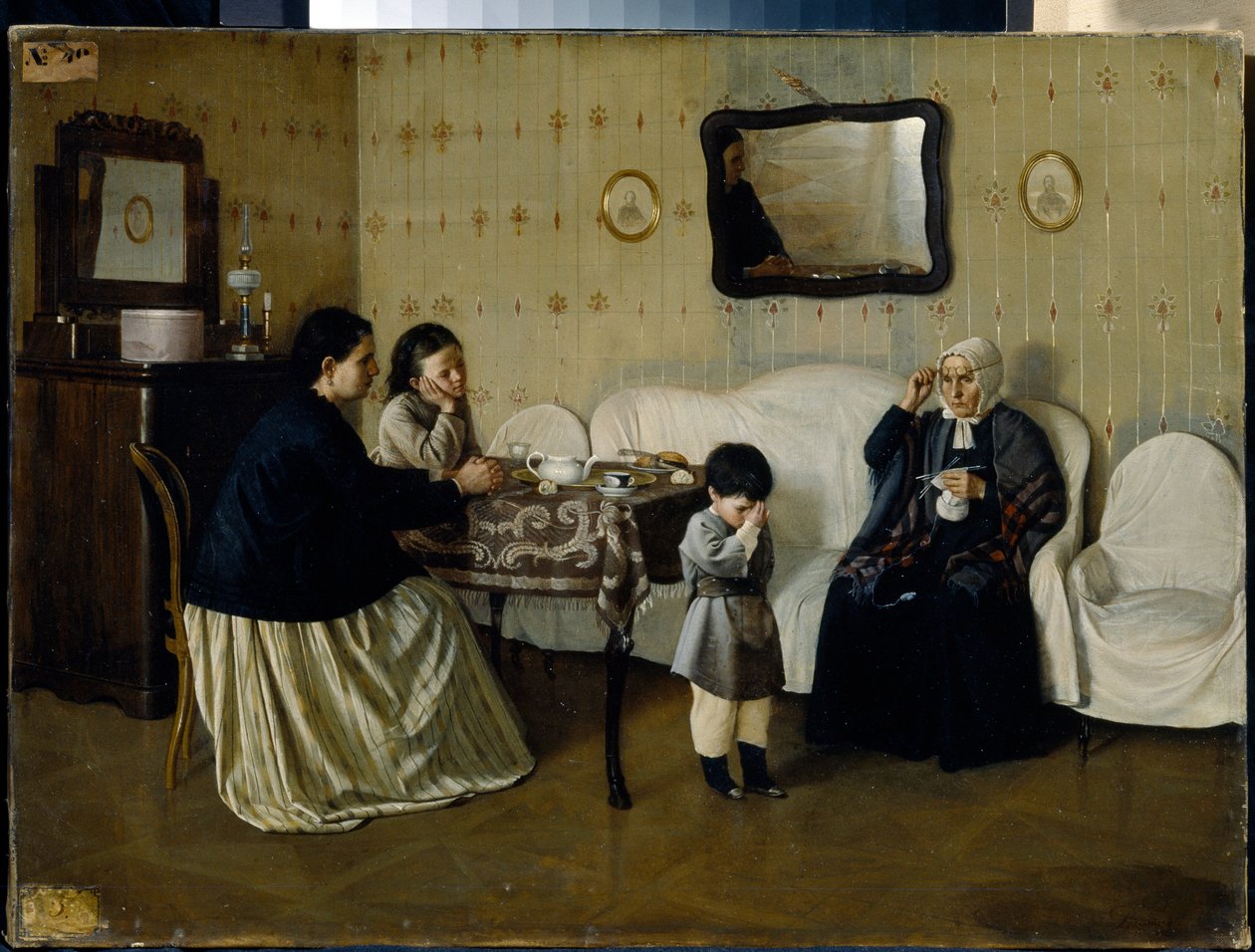Poranek rodzinny, naucz dziecko się modlić - obraz Andrieja Antipovicha Rumyantseva (?-1907), olej na płótnie autorstwa Andrei Rumyantsev