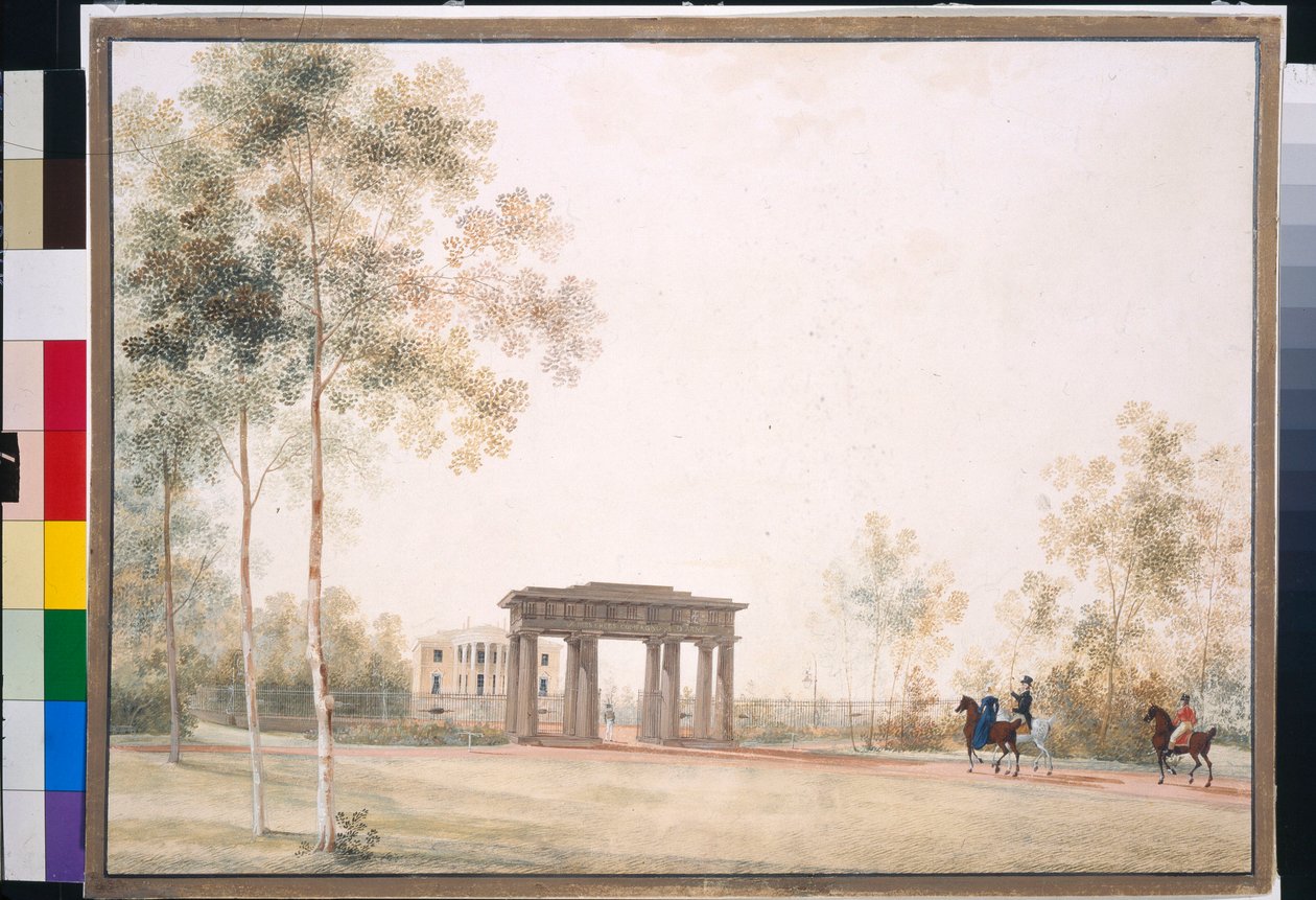 „Brama do parku w Carskim Siole” Andrieja Jefimowicza Martynowa (1768-1826), Gwasz na papierze po 1821, 38,5x51,5, Państwowa Galeria Trietiakowska, Moskwa autorstwa Andrei Yefimovich Martynov