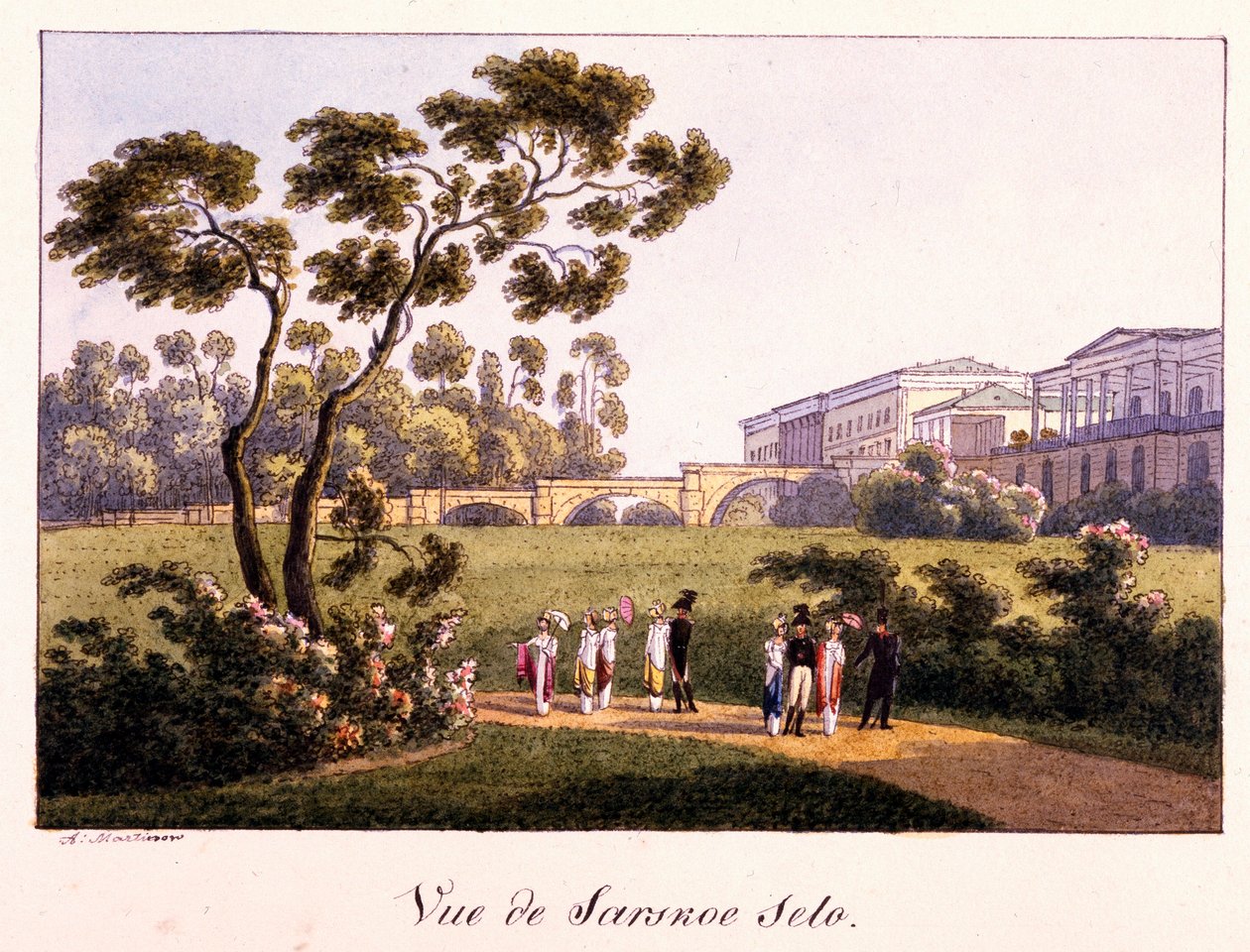 „Widok Galerii Cameron w parku w Carskim Siole” Andriej Jefimowicz Martynow (1768-1826), Pióro, pędzel, akwarela, tusz i biały kolor na papierze przed 1817-Państwowa Galeria Tretiakowska, Moskwa autorstwa Andrei Yefimovich Martynov