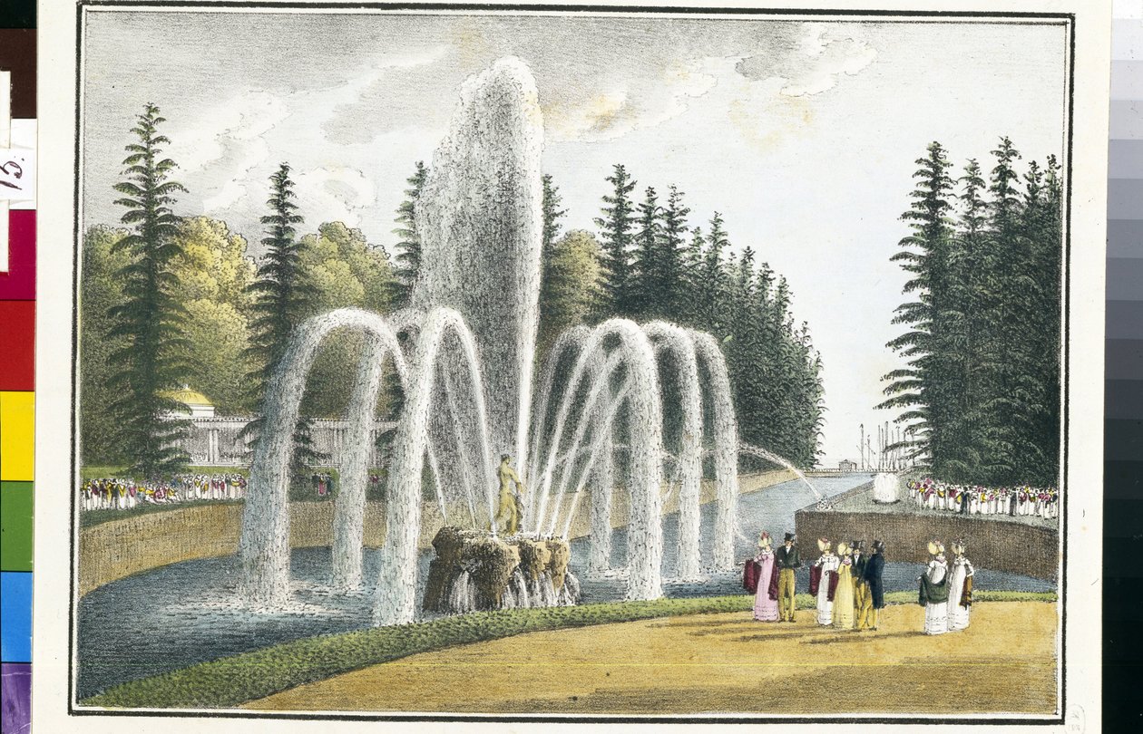 Widok fontanny Samsona w ogrodach górnych Peterhof w Rosji (Fontanna Samsona w ogrodach górnych Peterhof). Litografia i akwarela Andrieja Jefimowicza Martynowa (1768-1826) autorstwa Andrei Yefimovich Martynov