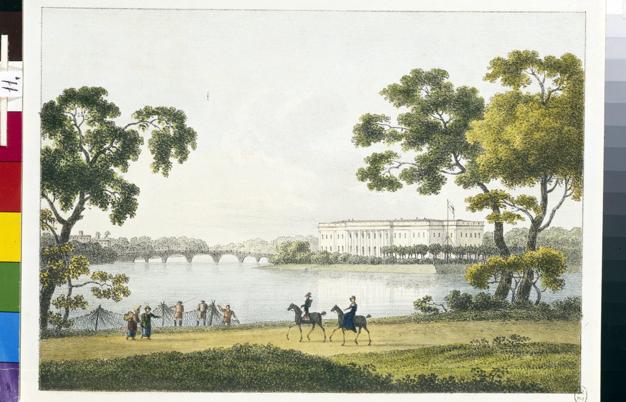 Widok na Pałac na Kamiennej Wyspie (lub Kamenny Island) w Sankt Petersburgu (Widok na Kamenny Island Palace w Sankt Petersburgu). Litografia i akwarela Andrieja Jefimowicza Martynowa (1768-1826) autorstwa Andrei Yefimovich Martynov