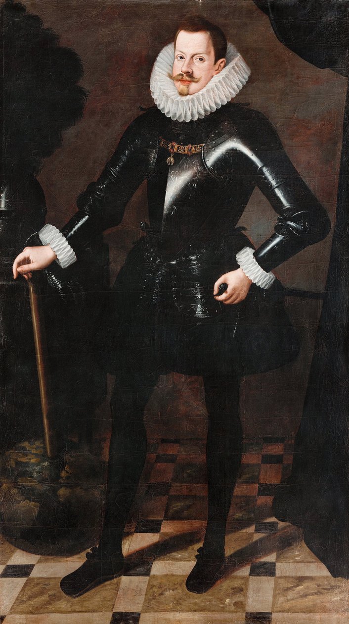 ""Portret króla Hiszpanii Filipa III"" (Portret Filipa III Hiszpanii (1578-1621), króla Hiszpanii i Portugalii) Obraz Andres Lopez Polanco (?-1641) ok. 1617 Olej na płótnie Wymiary 181x103 cm Zamek Skokloster autorstwa Andres Lopez Polanco