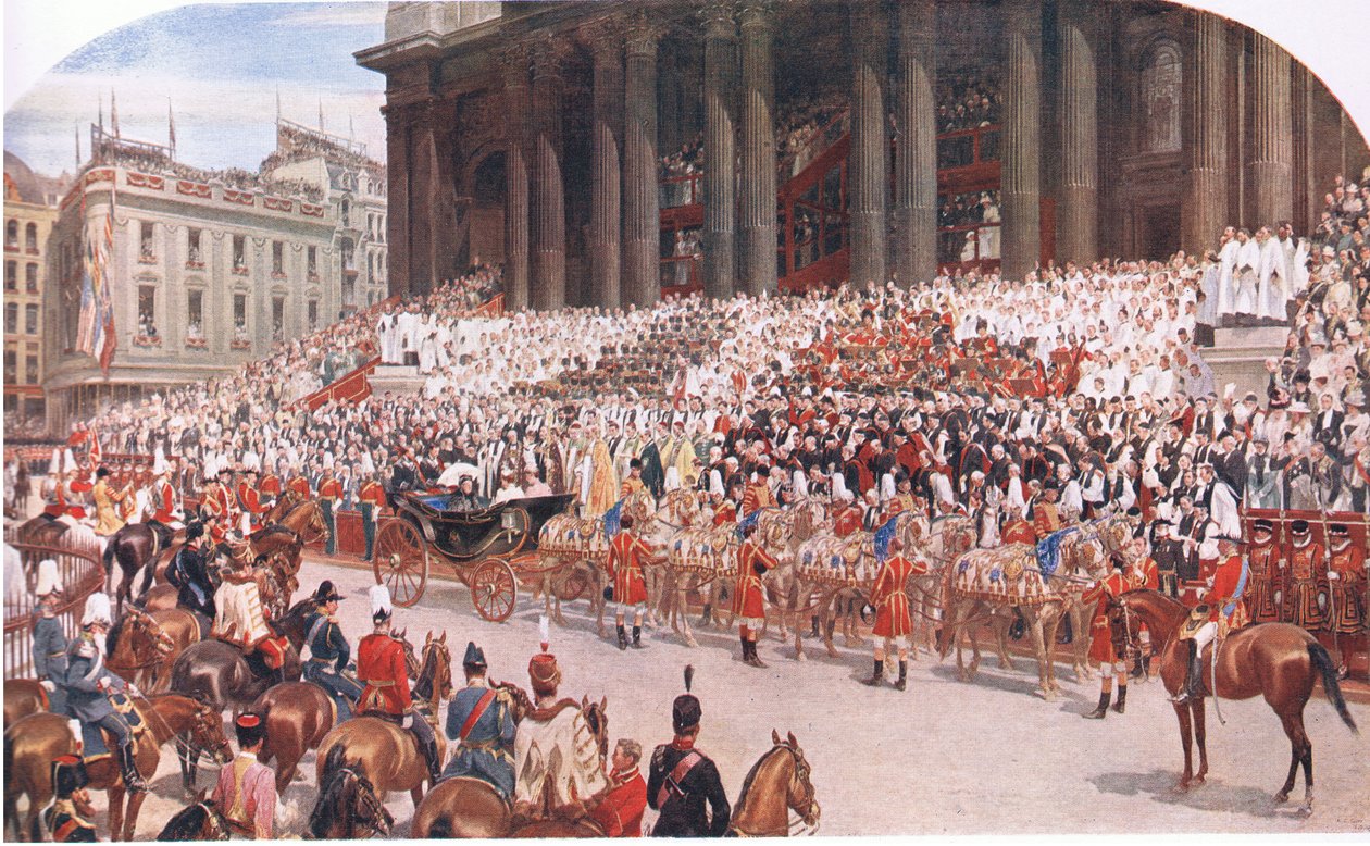 Katedra św. Pawła: Diamentowy Jubileusz Królowej Wiktorii 22 czerwca 1897, z Cassells History of the British People opublikowanej przez Waverley Book Company Limited, c.1940 autorstwa Andrew Carrick Gow