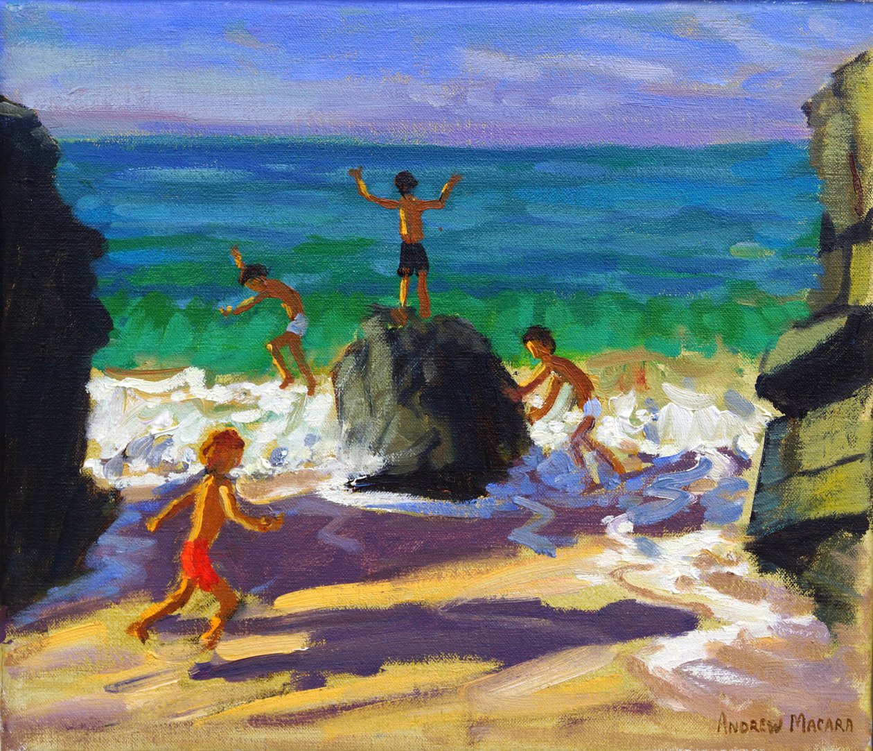 wspinaczka po skałach, plaża Porthmeor, St Ives, 2013, autorstwa Andrew Macara