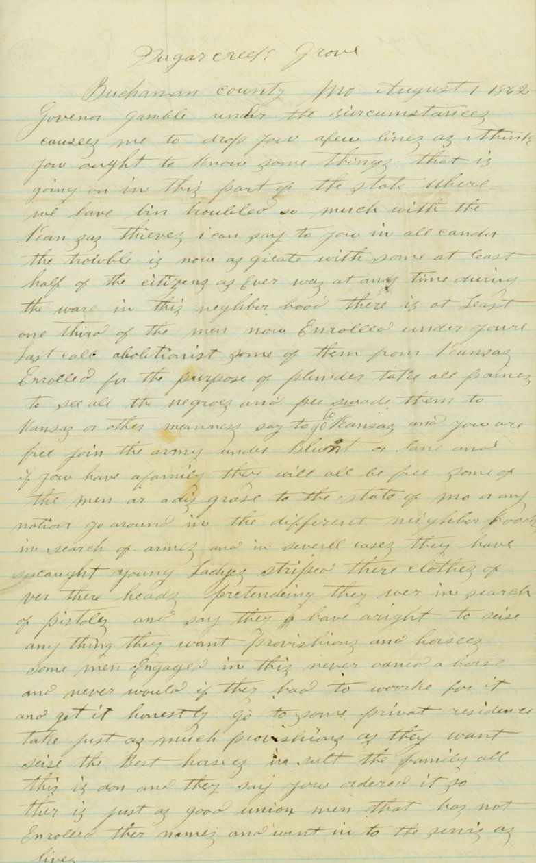 List podpisany Andrew Brownlow, Buchanan County, MO, do gubernatora Gamble [Hamilton R. Gamble], 1 sierpnia 1862 autorstwa Andrew Brownlow