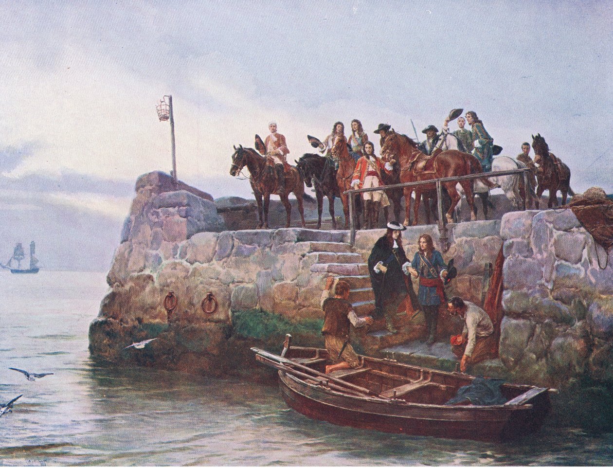 Przegrana sprawa: Lot Jakuba II po bitwie pod Boyne 1690, ilustracja z filmu „Brytyjskie bitwy na lądzie i morzu” autorstwa Andrew Carrick Gow