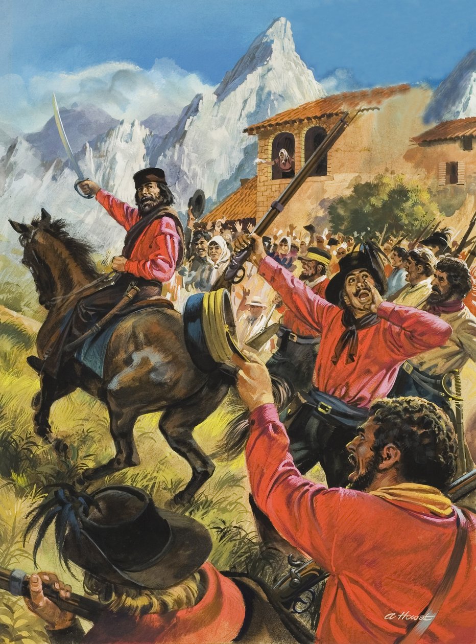 Guiseppe Garibaldi (1807-82) i jego armia w bitwie z neopolitańskimi oddziałami królewskimi (gwasz na papierze) autorstwa Andrew Howat