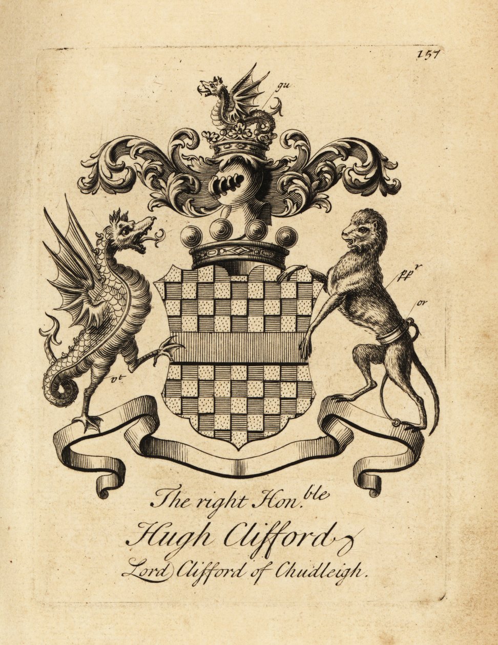 Herb Właściwego Honorowego Hugh Clifforda, Lorda Clifforda z Chudleigh, 2. barona Clifforda z Chudleigh (1663-1730) autorstwa Andrew Johnston