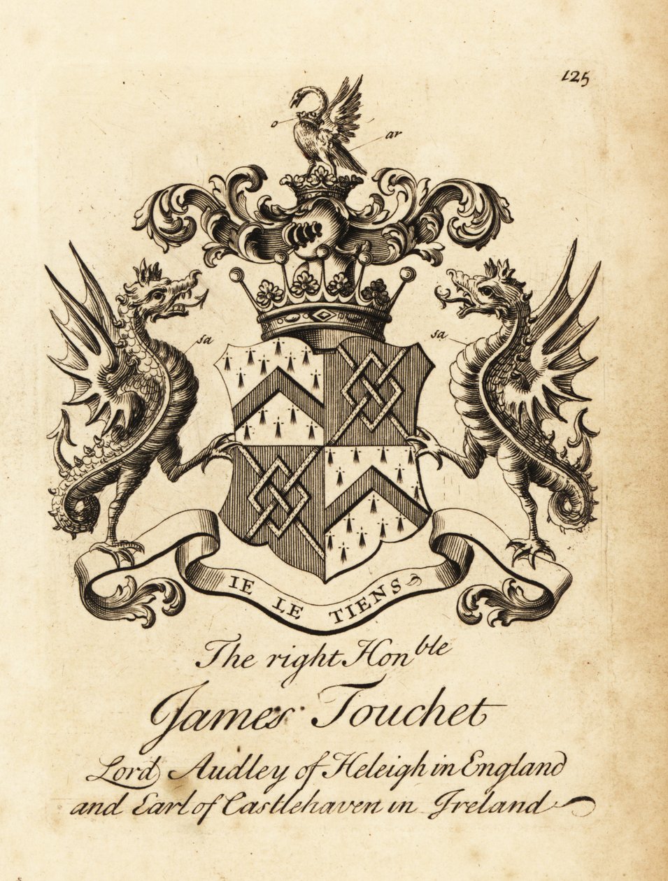 Herb prawego czcigodnego Jamesa Toucheta, Lorda Audleya z Heleigh w Anglii, 6. hrabia Castlehaven w Irlandii, zmarł w 1740 r. autorstwa Andrew Johnston