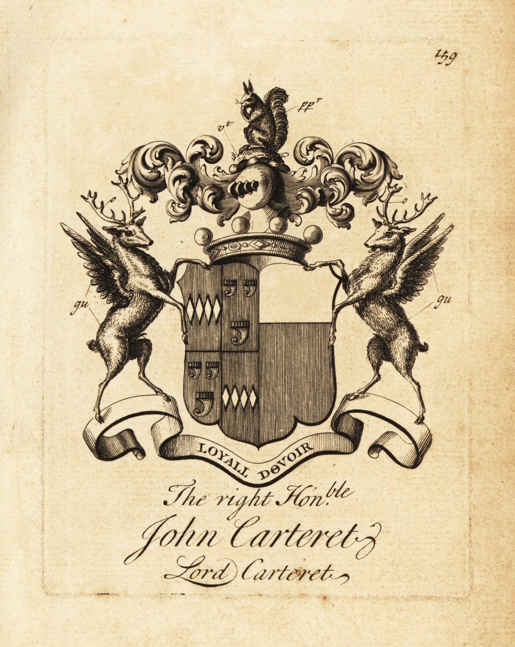 Herb Prawego Honoru John Carteret, Lord Carteret, 2. hrabia Granville, 7. seigneur of Sark autorstwa Andrew Johnston