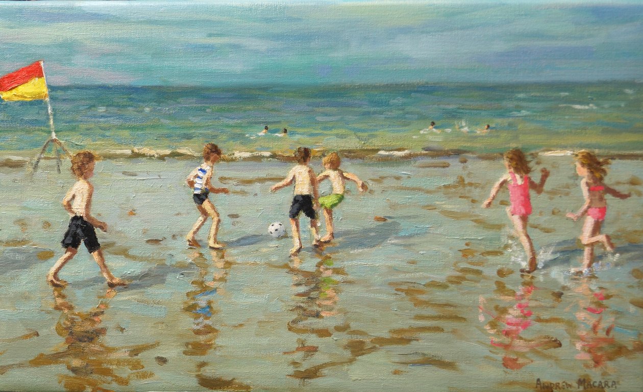 Piłka nożna na plaży, Sheringham, 2018 (olej na płótnie) autorstwa Andrew Macara