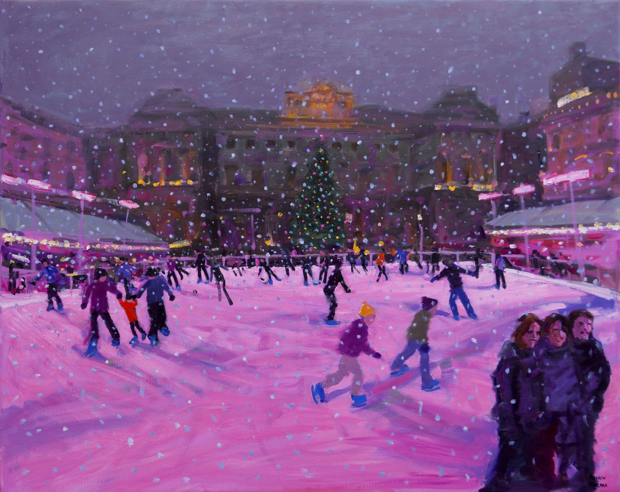 Świąteczna jazda na łyżwach,Somerset House z różowymi światełkami.2014 autorstwa Andrew Macara