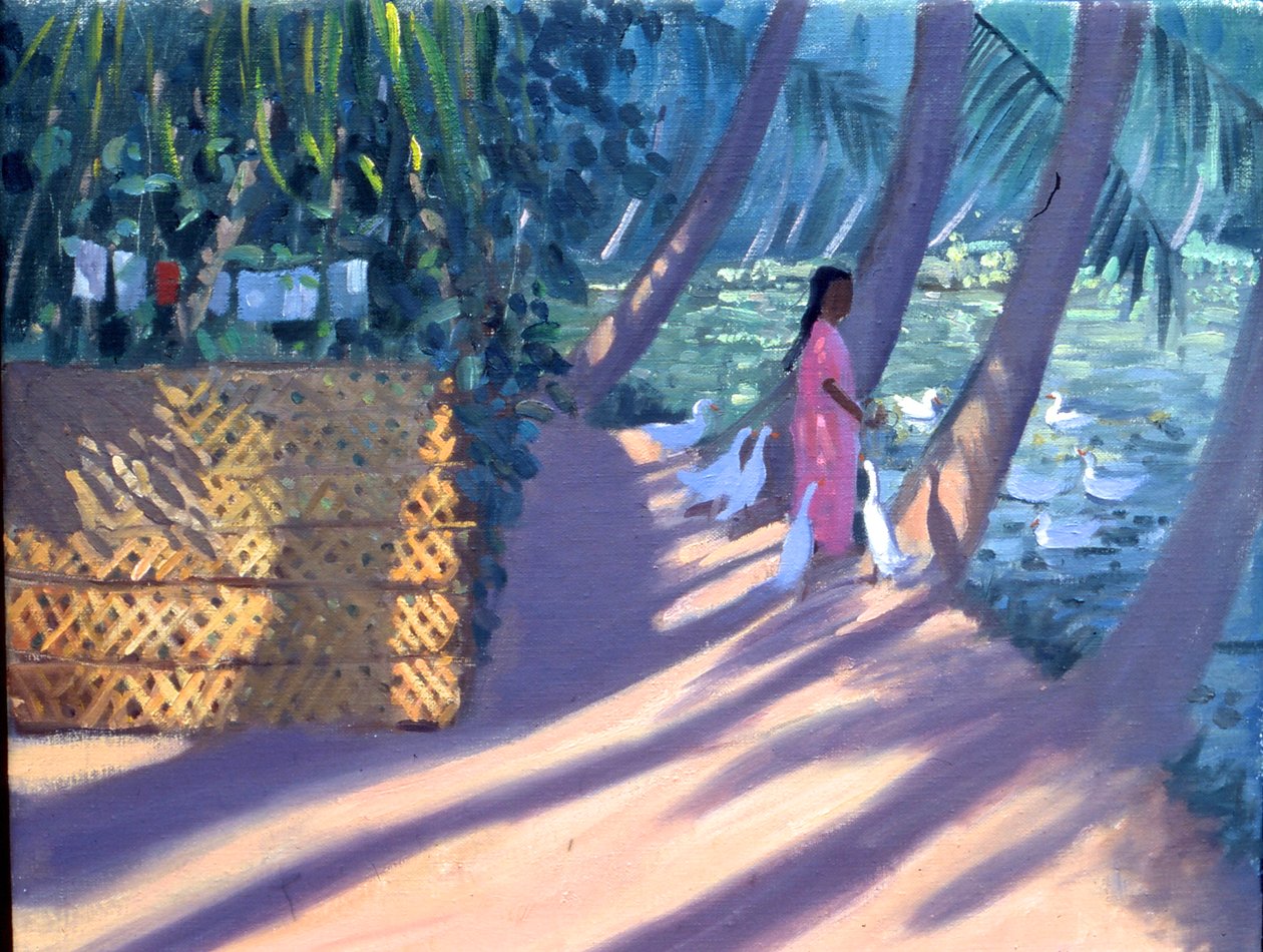 Karmienie kaczek, Kerala, Indie (olej na płótnie) autorstwa Andrew Macara
