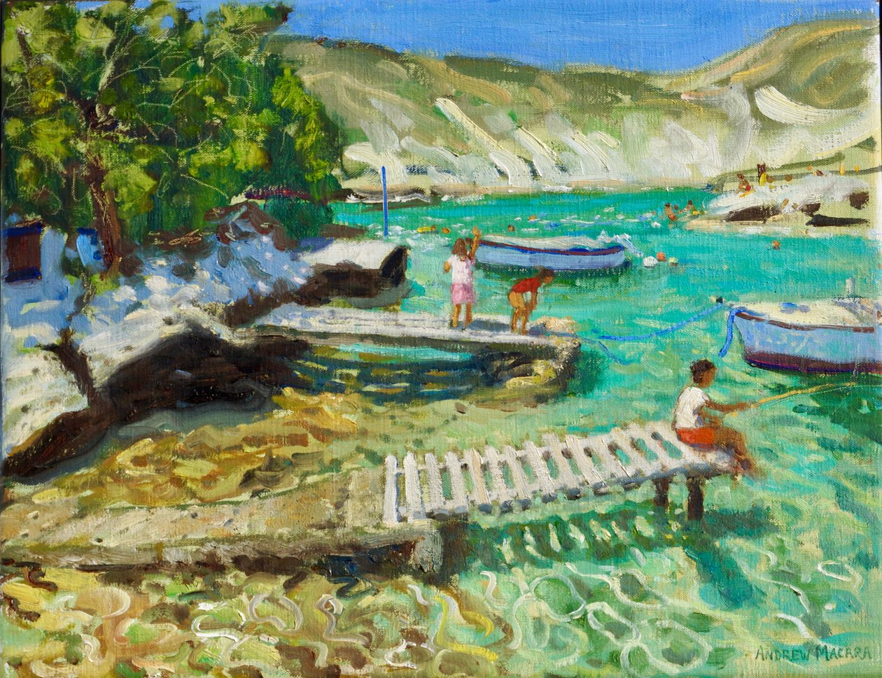 Łowienie ryb z molo,Milos,Grecja, 2018-2019 (olej na płótnie) autorstwa Andrew Macara