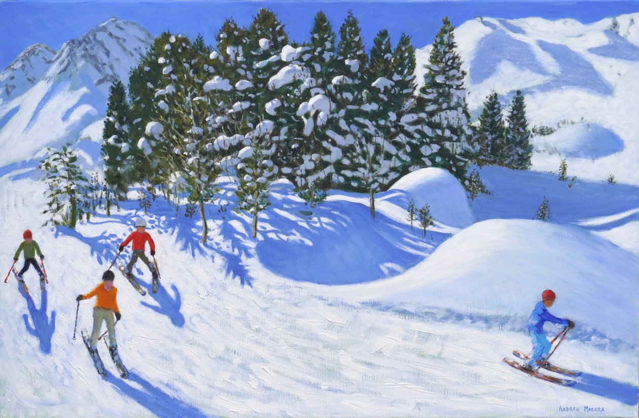 Czterech narciarzy alpejskich, 2024, (olej na płótnie) autorstwa Andrew Macara