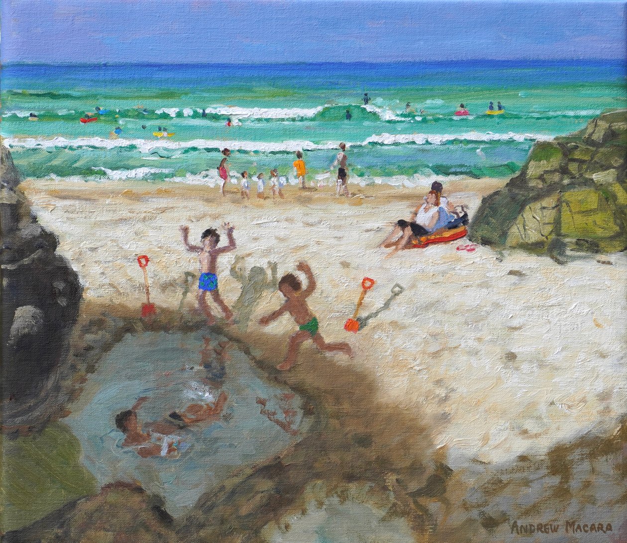 Zabawa w basenie morskim, St Ives, 2024 (olej na płótnie) autorstwa Andrew Macara