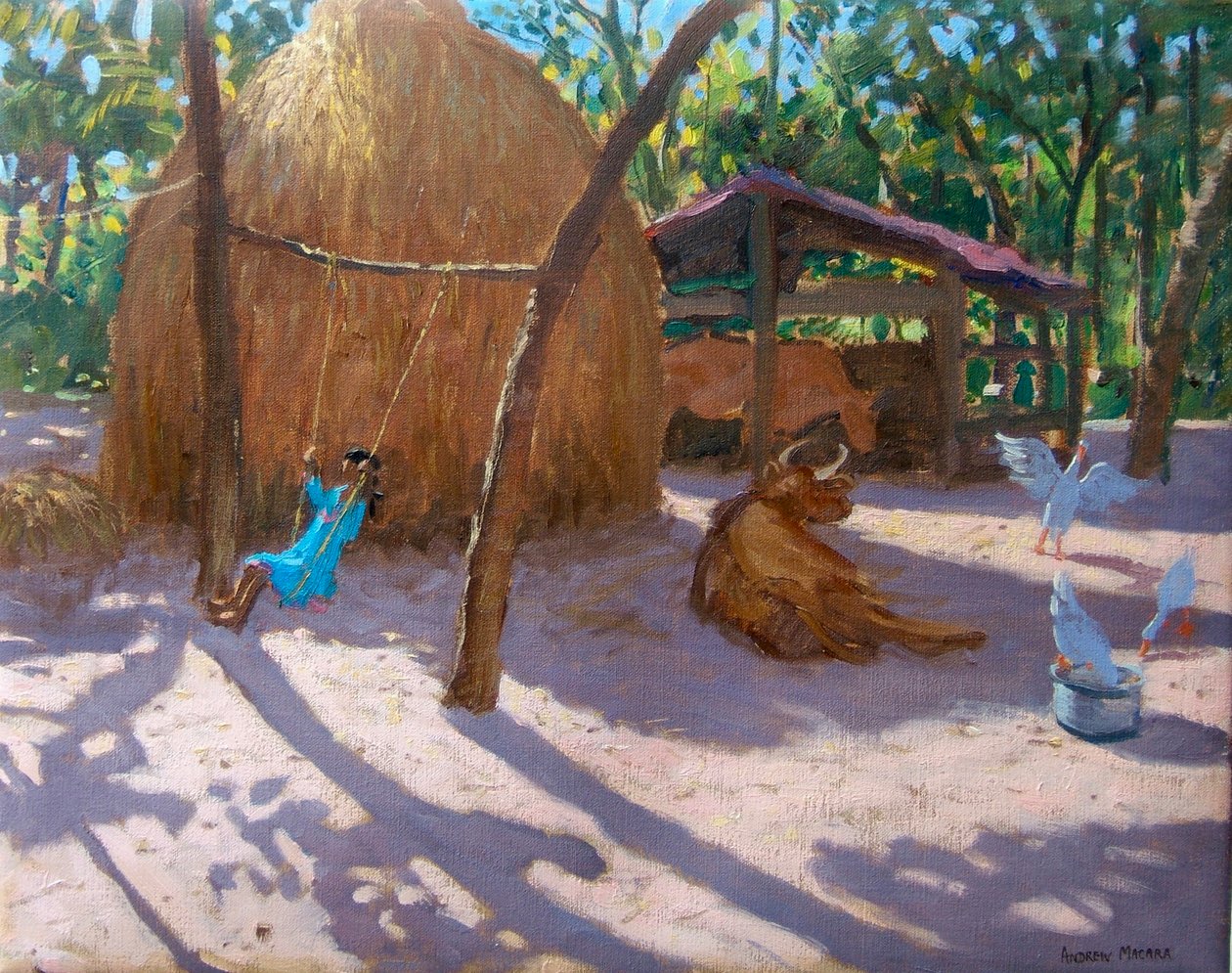 Stóg siana i dziewczyna na huśtawce, Kerala (olej na płótnie) autorstwa Andrew Macara