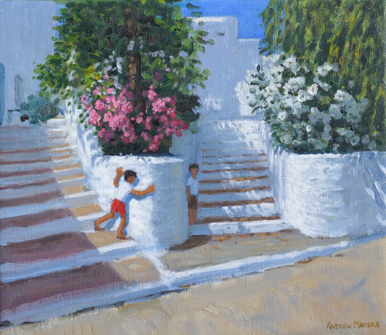 Zabawa w chowanego, Adamas, Milos, Grecja, 2023 (olej na płótnie) autorstwa Andrew Macara