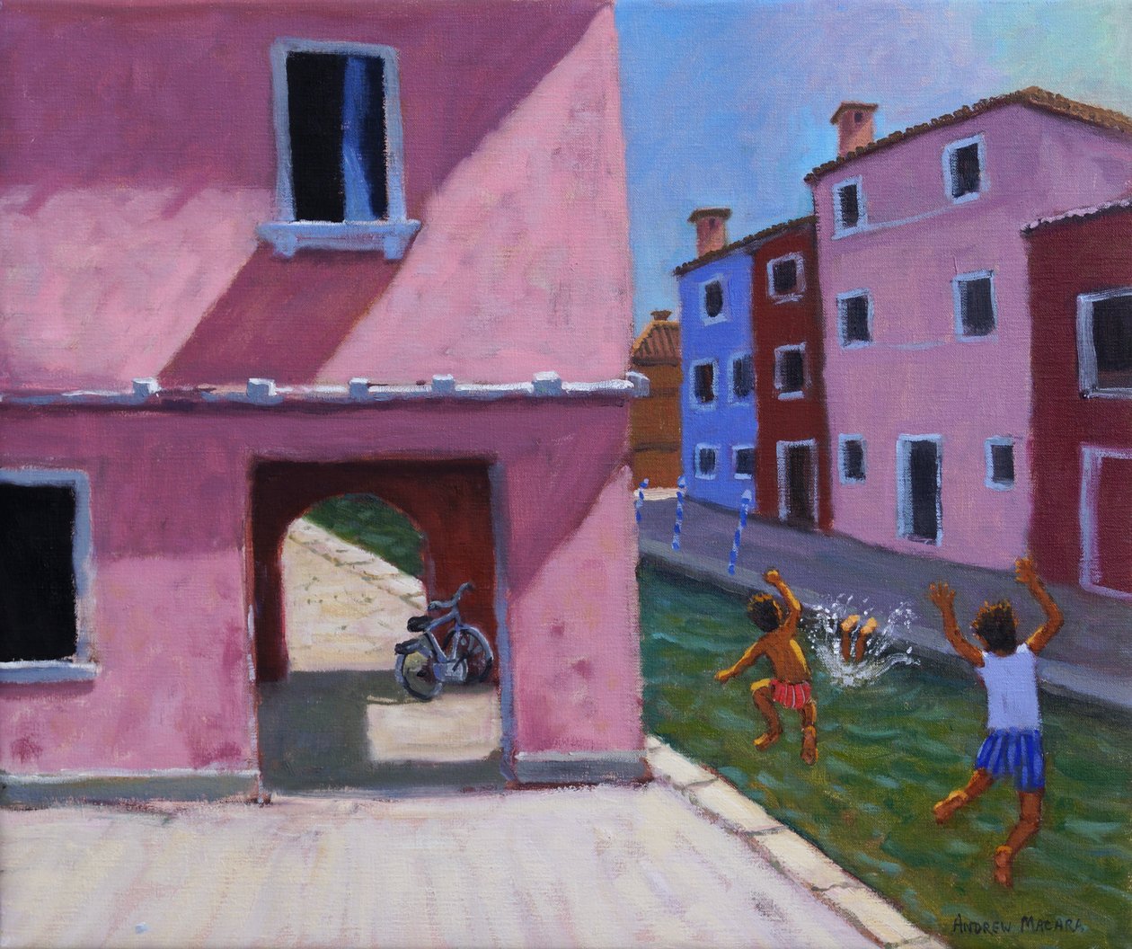 Skoki do kanału, Murano, Wenecja, 2021 (olej na płótnie) autorstwa Andrew Macara