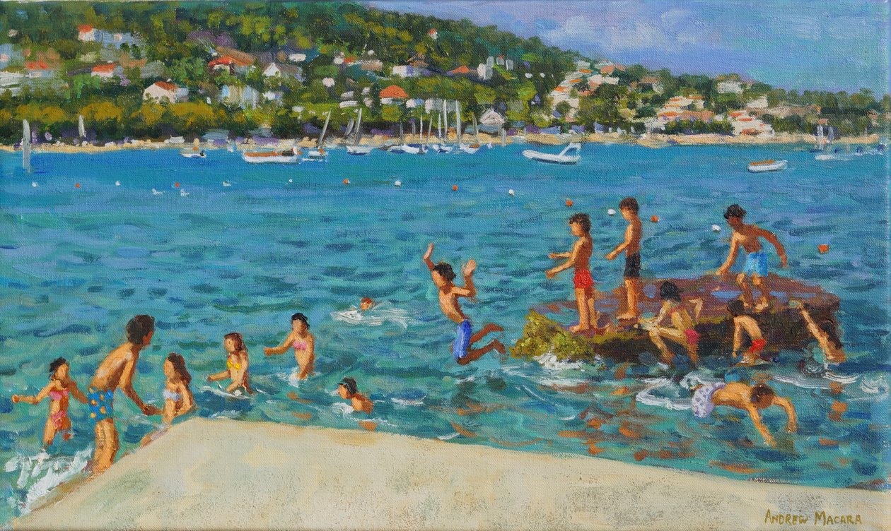 Skakanie ze skał; Cinque Terre, Positano, Włochy, 2000 (olej na płótnie) autorstwa Andrew Macara