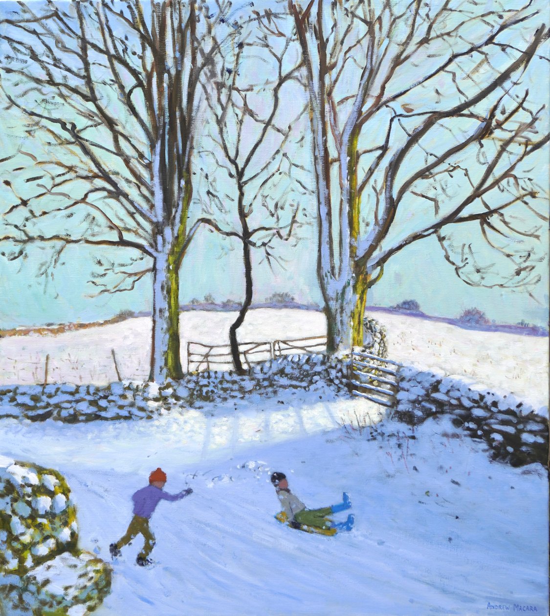 Duże drzewa i sanki, Derbyshire, 2023 (olej na płótnie) autorstwa Andrew Macara