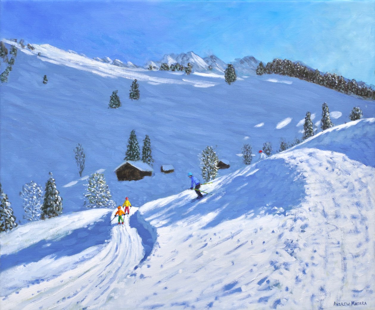 Poranna jazda na nartach, La Clusaz, Francja, 2018 (olej na płótnie) autorstwa Andrew Macara