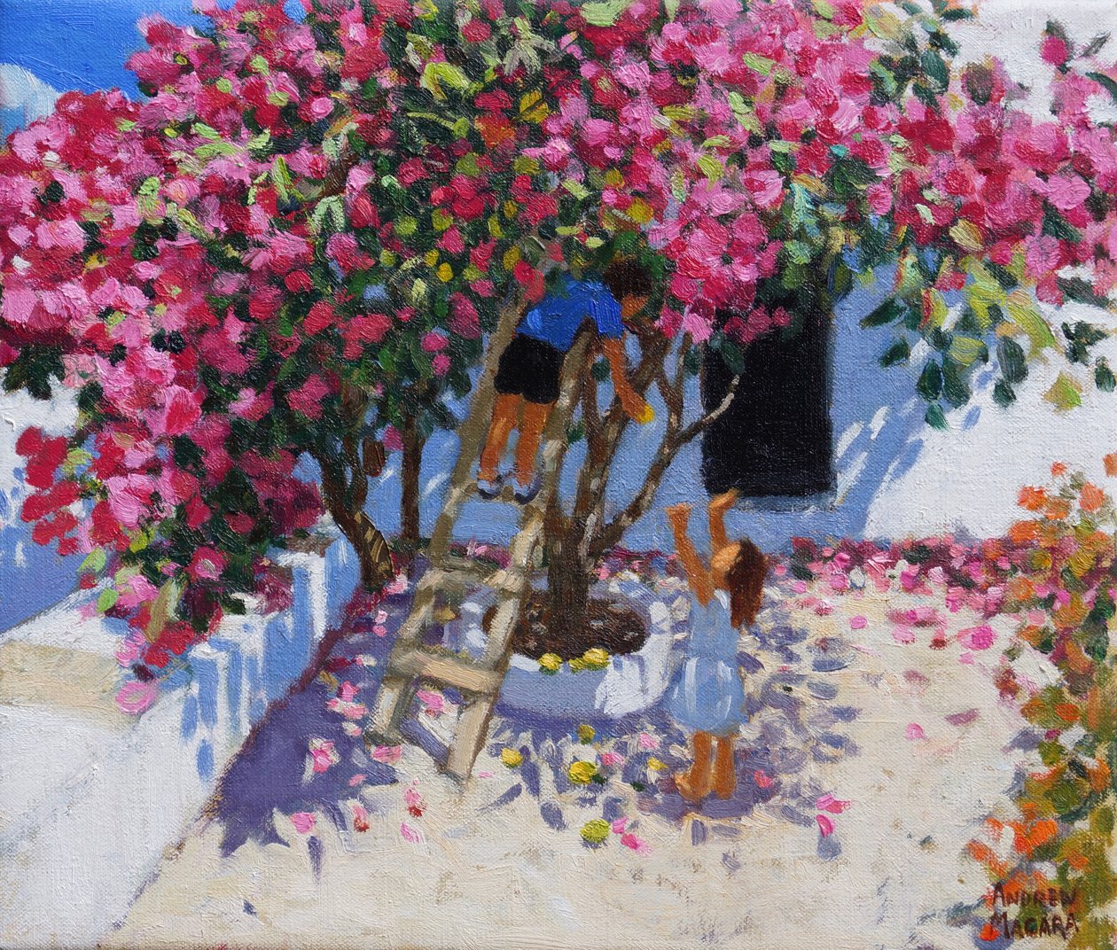 Zbieranie cytryn, Skiathos, Grecja, 2021 (olej na płótnie) autorstwa Andrew Macara