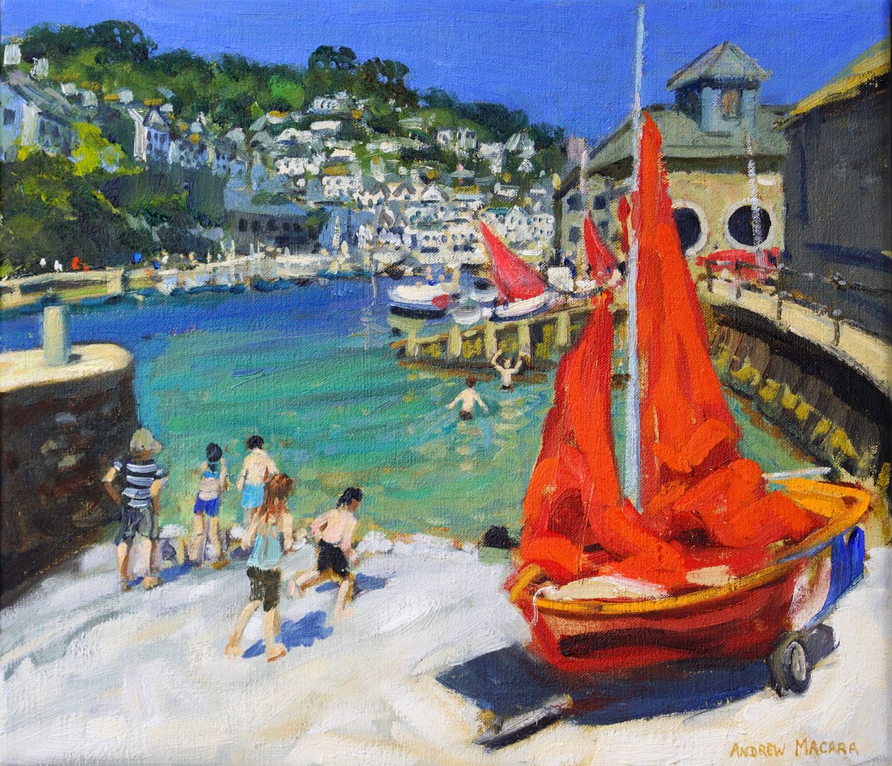 Zabawa w porcie, Looe, Kornwalia, 2012 (olej na płótnie) autorstwa Andrew Macara