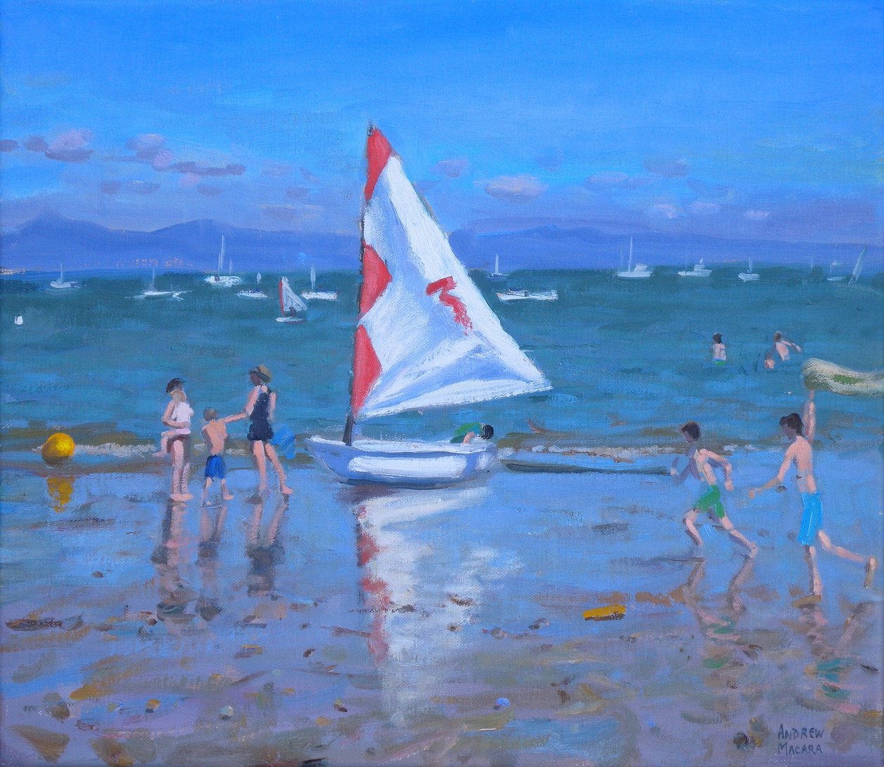 Czerwono-biała żaglówka, Abersoch (olej na płótnie) autorstwa Andrew Macara