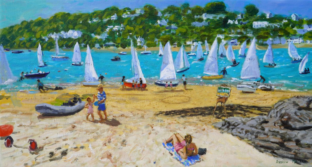 Regaty Salcombe i sztalugi dla artystów, 2023 (olej na płótnie) autorstwa Andrew Macara