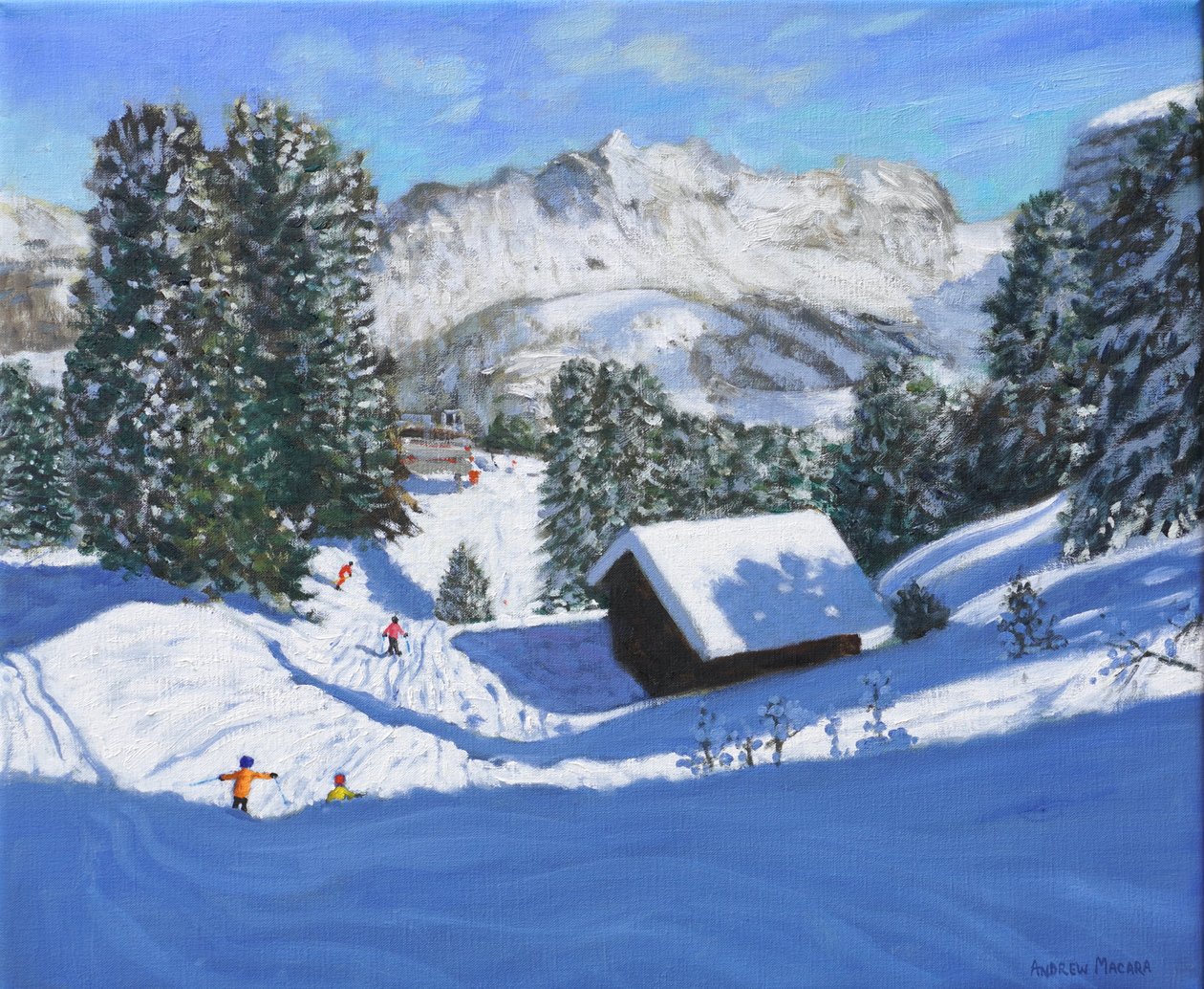 Schronisko narciarskie, Samoens, Wielki Masyw, Francja, 2023 (olej na płótnie) autorstwa Andrew Macara