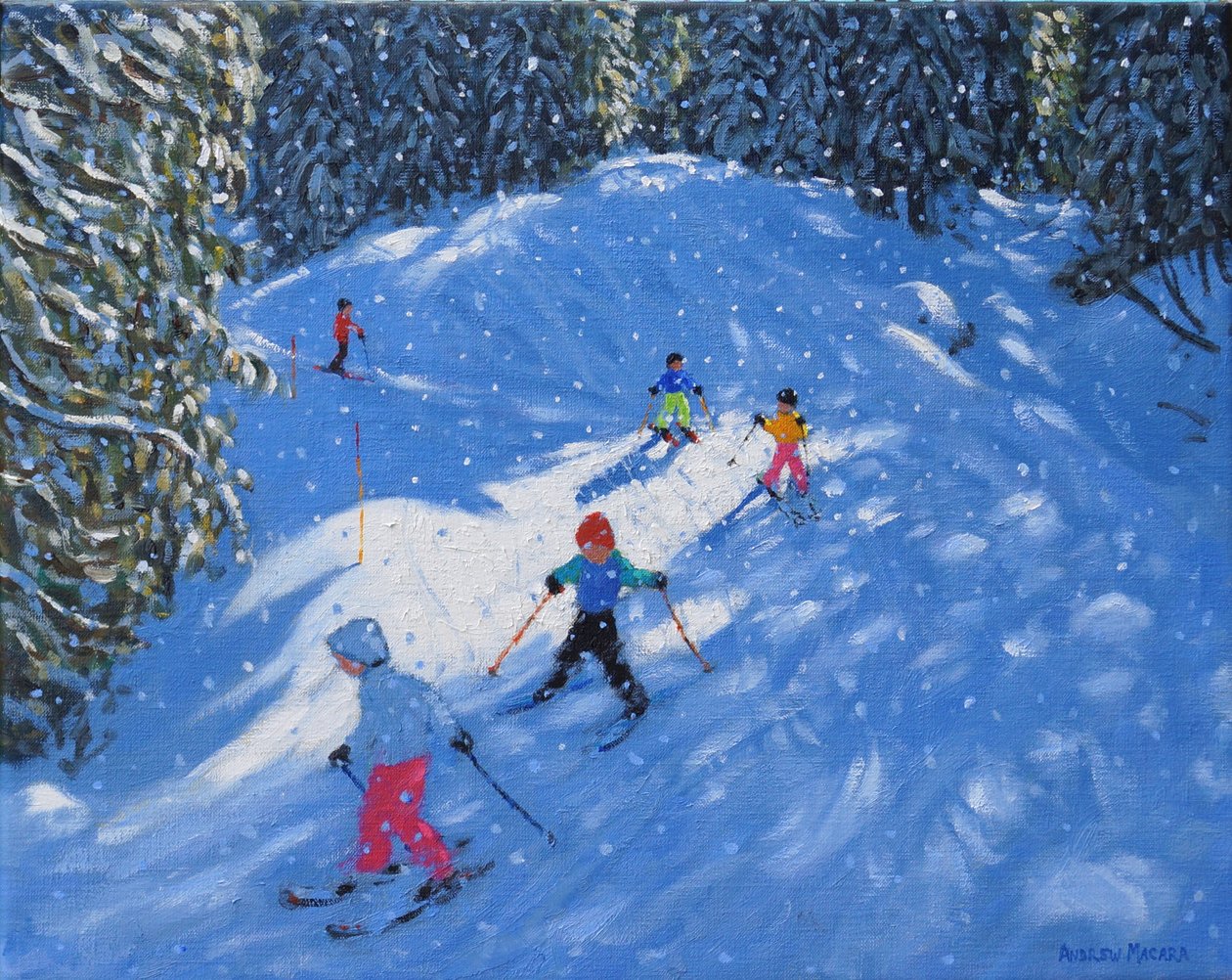 Szkoła narciarska. Samoens, Wielki Masyw, Francja, 2021 (olej na płótnie) autorstwa Andrew Macara