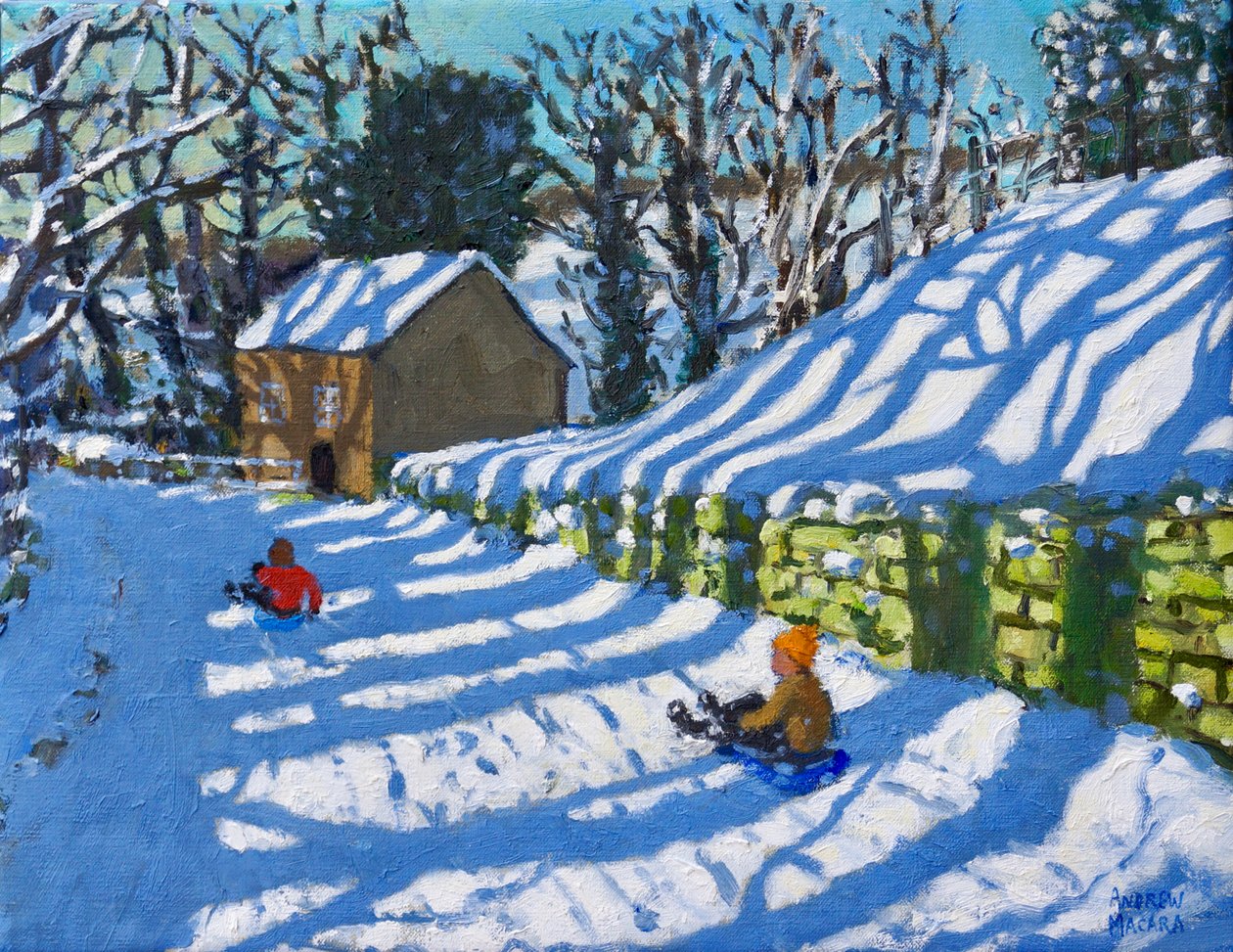 Jazda na sankach, Górny Hulme, Por, 2020, (olej na płótnie) autorstwa Andrew Macara