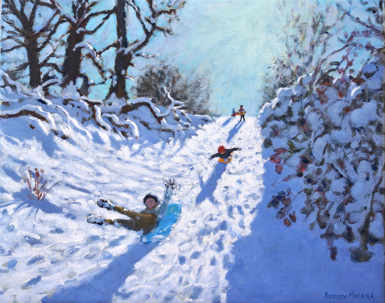 Jazda na sankach, Opactwo Calke, Ticknall, Derby, 2021 (olej na płótnie) autorstwa Andrew Macara