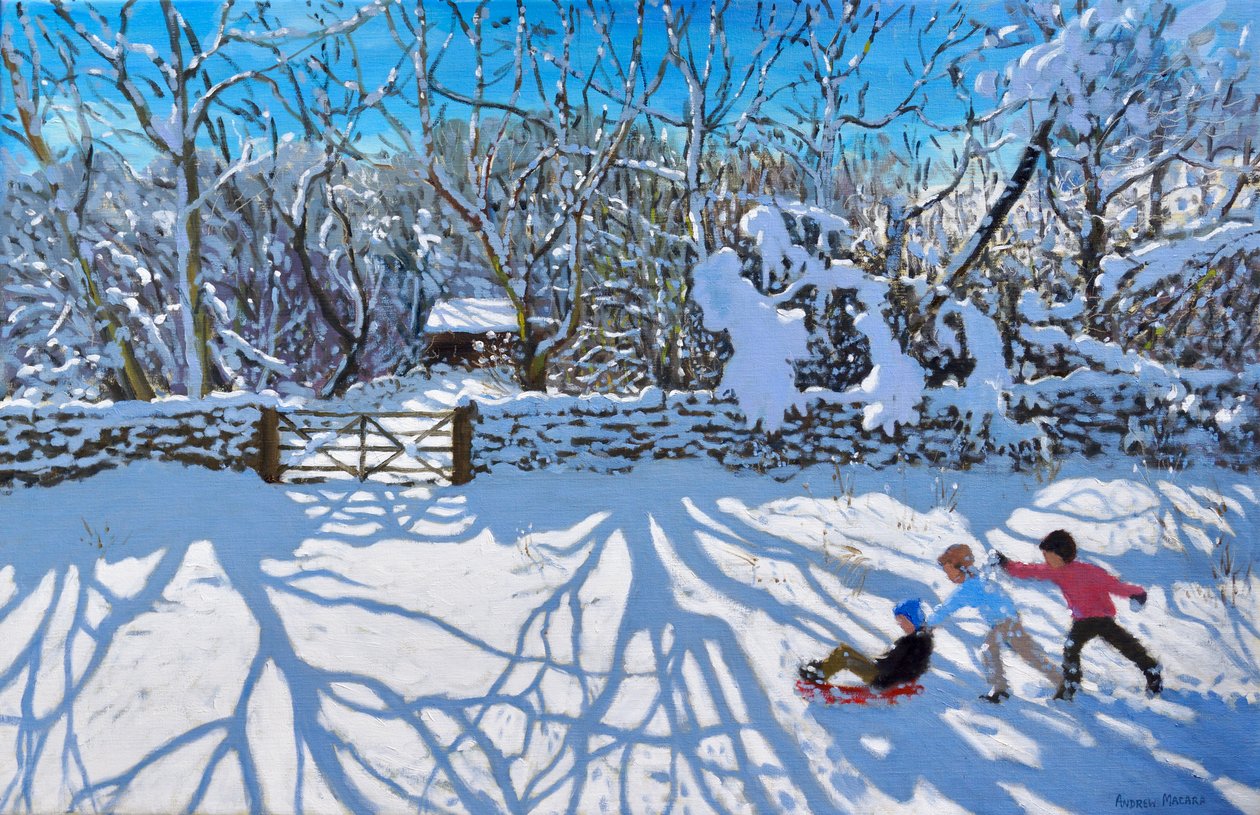 Jazda na sankach, Gambols Lane, Dovehead, High Peak, Derbyshire, 2021 (olej na płótnie) autorstwa Andrew Macara