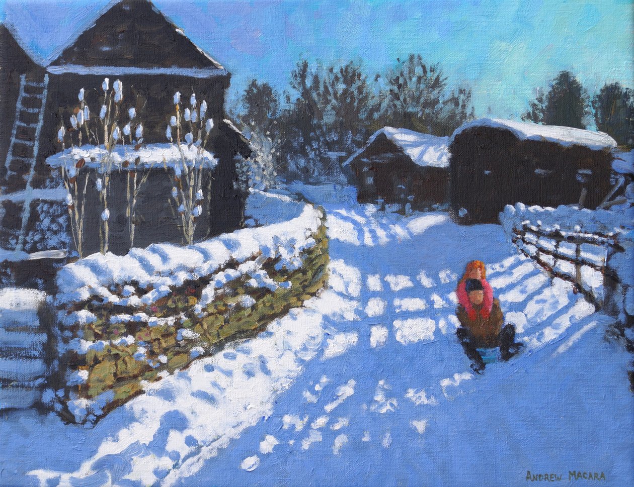 Sanki, w pobliżu Wintercroft Lane w pobliżu Dovedale i Thorpe. Ashbourne, 2021 (olej na płótnie) autorstwa Andrew Macara