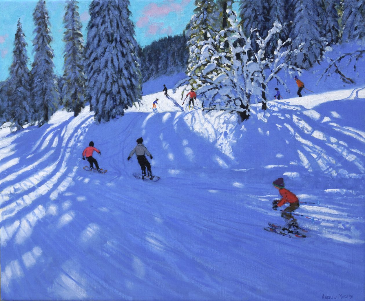 Snowboardziści i narciarze, Morzine, Francja, 2022 (olej na płótnie) autorstwa Andrew Macara