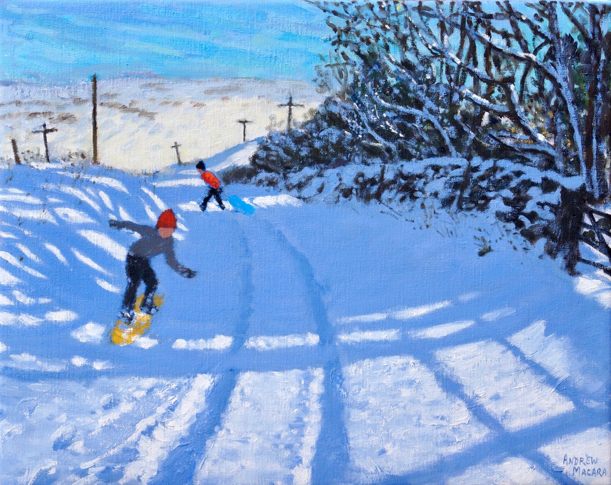 Snowboardzista, Dove Head, Derbyshire, olej na płótnie) 2021 autorstwa Andrew Macara
