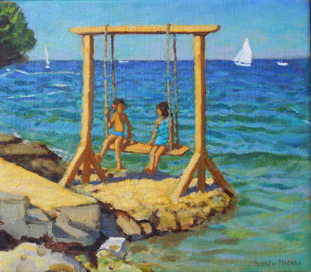 Huśtawka, Funtana, Vrsar, Chorwacja. 14x16" 2019(olej na płótnie) autorstwa Andrew Macara