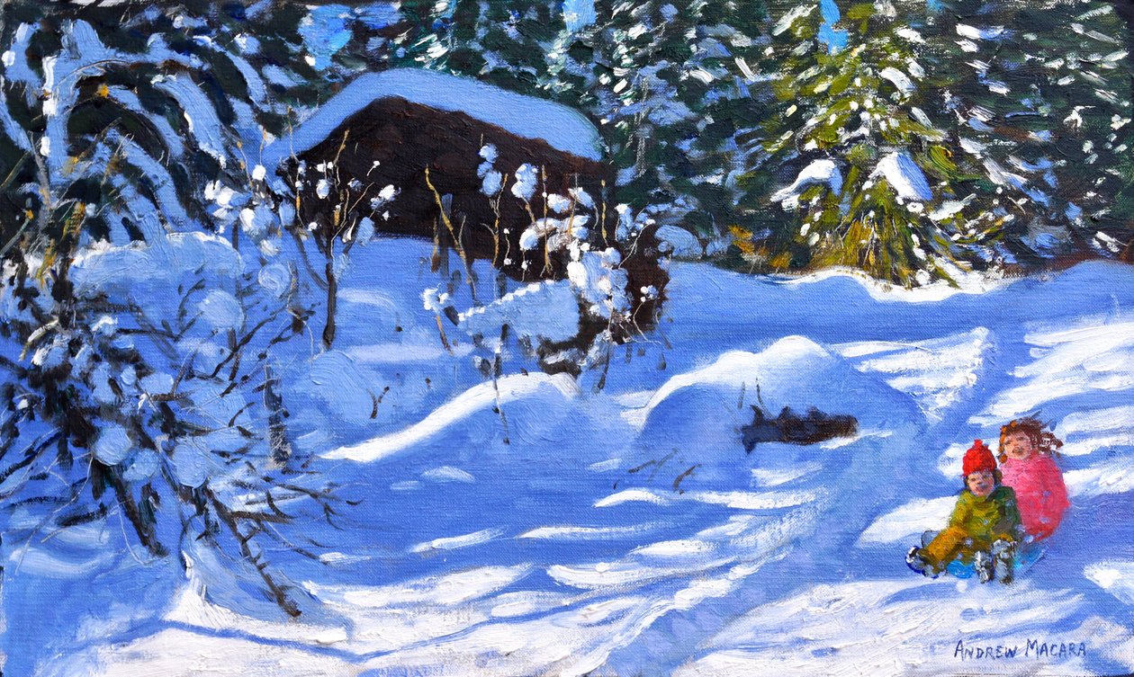 Dwóch na sankach,Sad,Morzine ,(olej na płótnie) autorstwa Andrew Macara