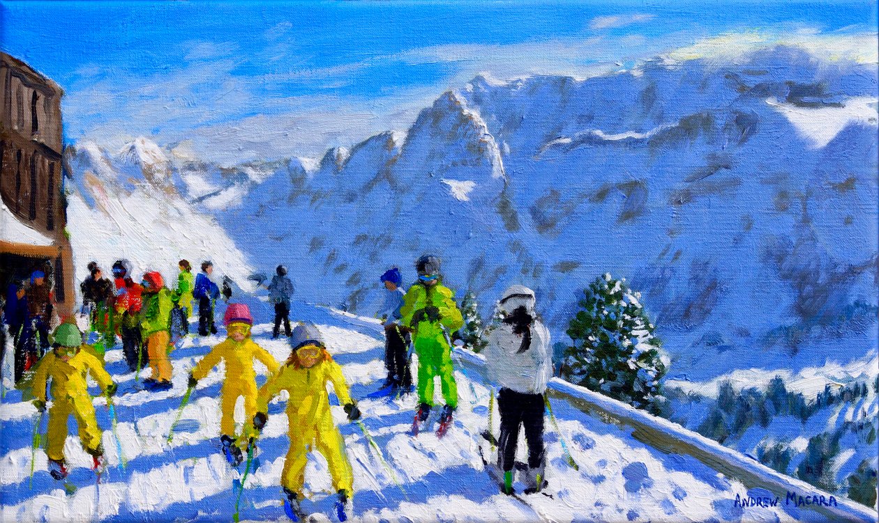 Młodzi narciarze w żółtym Val Gardena Włochy.12x20 autorstwa Andrew Macara