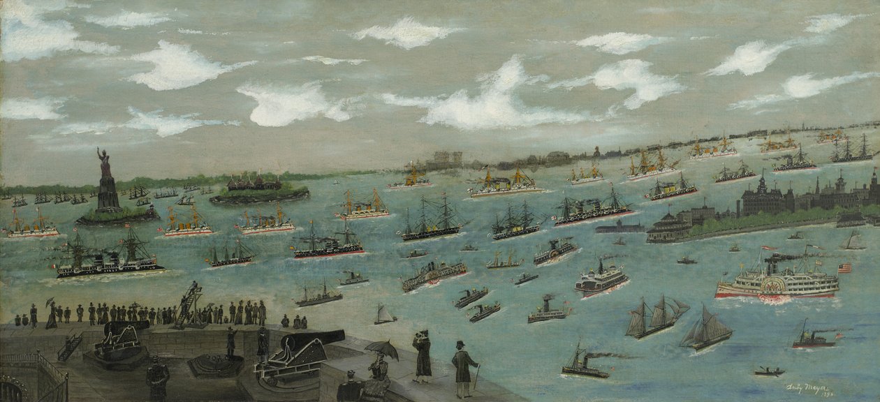 Recenzja floty Stanów Zjednoczonych w porcie w Nowym Jorku ze Statuą Wolności, 1893 r. autorstwa Andrew Meyer