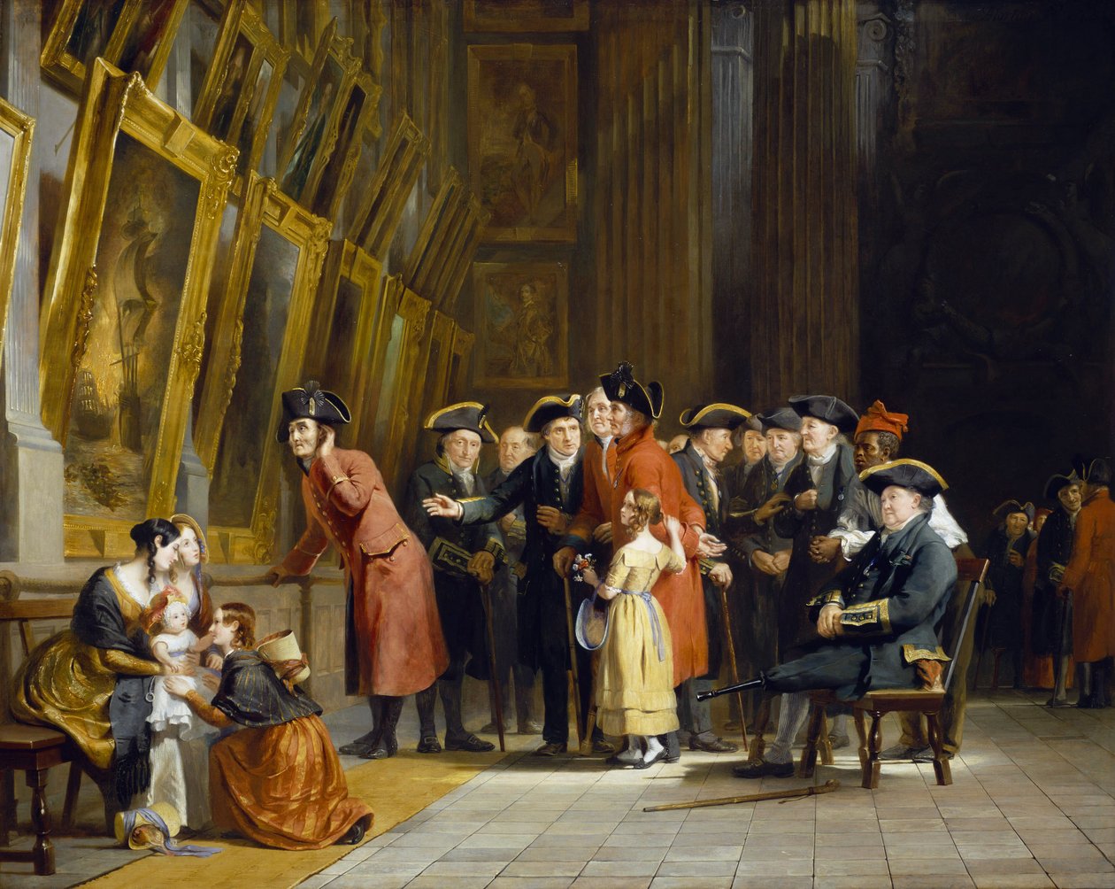 Spotkanie weteranów brytyjskiej armii i marynarki wojennej, którzy służyli pod dowództwem Horatio Nelsona (1758-1805): Mieszkańcy Chelsea (ubrani na czerwono) i Greenwich Hospital (ubrani na niebiesko) zwiedzający galerię farb morskich w Greenwich Hospital autorstwa Andrew Morton
