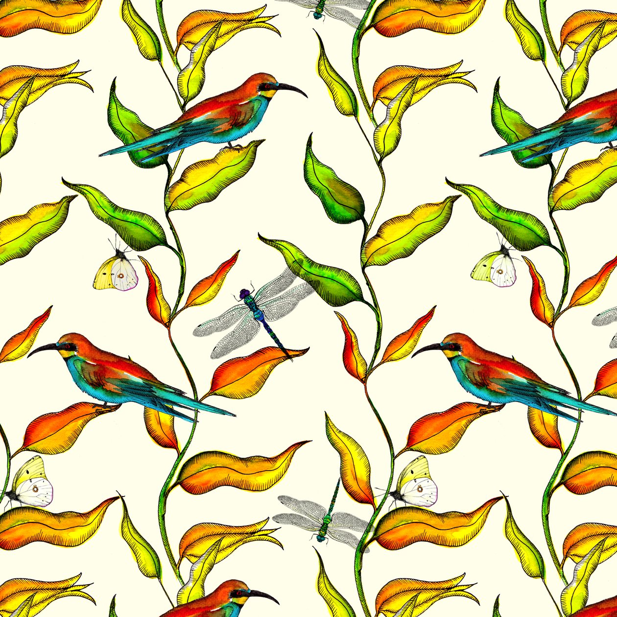 Bee Eaters, 2017, akwarela i tusz autorstwa Andrew Watson