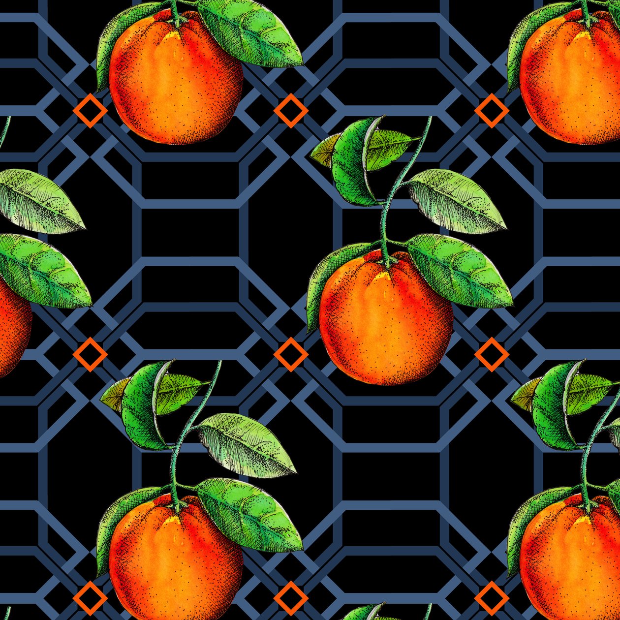 Pomarańczowy geometryczny, 2018, pióro i tusz, akwarela, cyfrowa) autorstwa Andrew Watson